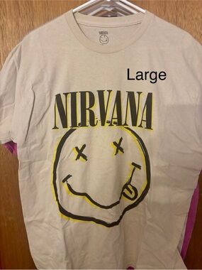 NIRVANA Beige Tee with Black and Yellow Smiley Graphic